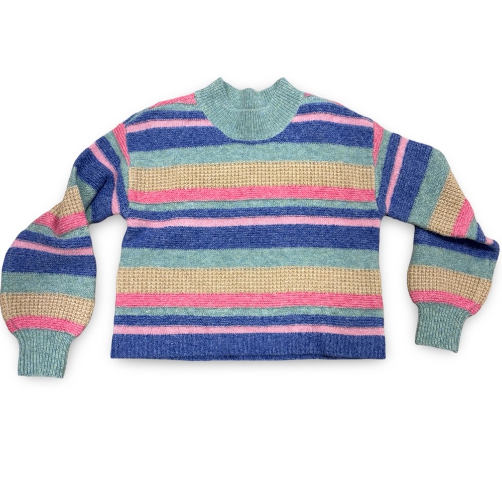 Jessica Simpson Striped Balloon Sleeve Mock Neck Sweater Cozy & Colorful Size S
